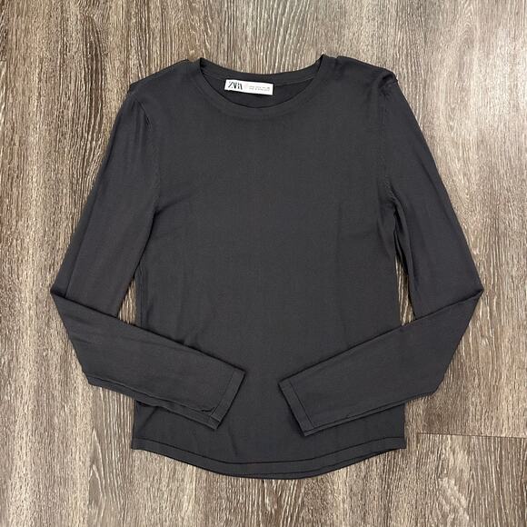 EUC Zara Charcoal Long Sleeve Crewneck Knit Top Sz Large Fitted Minimal Layering - Picture 6 of 16